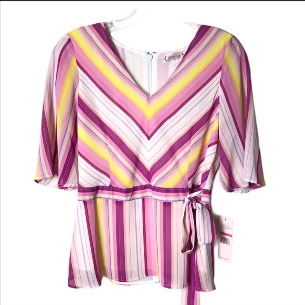 Nanette Lepore Lilac Yellow Multi Print Stripe V-Neck Tie Waist Blouse XS NEW